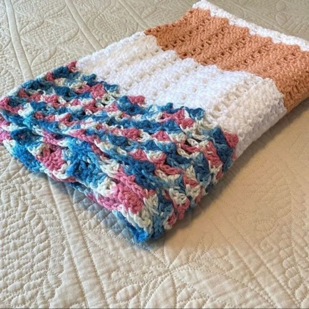 Handmade Vintage Sherbet Crocheted Afghan Baby Blanket Or Throw
